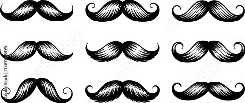 A collection of nine distinct mustaches is intricately drawn in a vintage, etched style, showcasing a variety of shapes and curls.