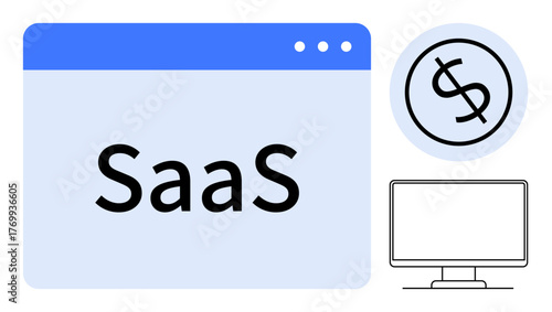 Browser window with SaaS text, dollar icon indicating pricing, monitor for software access. Ideal for technology, subscriptions, business models, cloud computing, online tools, innovation simple