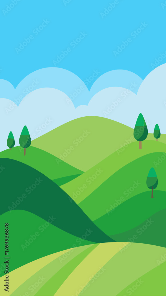 Fototapeta premium Stylized green rolling hills with trees and blue sky with clouds