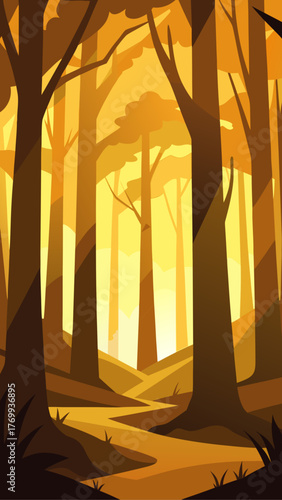 Stylized forest scene with warm golden light filtering through trees and illuminating a winding path