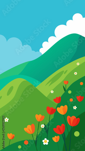 Vibrant spring meadow with rolling green hills and colorful blooming flowers under a blue sky