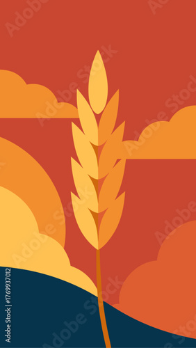 Stylized wheat stalk against a warm sunset sky with abstract clouds and rolling hills