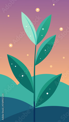 Stylized green plant with dew drops against a gradient sunset sky and rolling hills