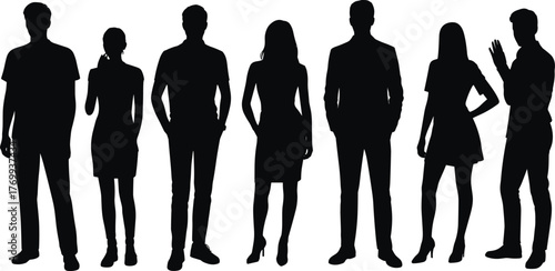 Silhouette illustration of diverse business people standing in various poses representing teamwork, leadership, communication, corporate success, and modern professional lifestyle.