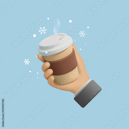 Hand holding a hot cup of coffee, 3D. Winter banner with snow, for concepts of aromatic coffee, tea. Vector illustration.
