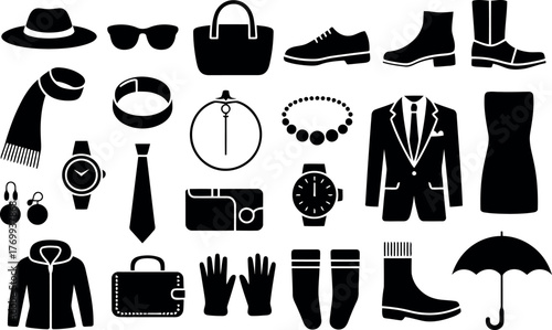 A comprehensive collection of fashion accessories and apparel items is presented in clean black silhouette icons. 