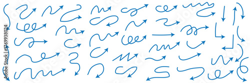 Hand drawn arrows set. Marker drawn arrows. Arrow icon. Arrows doodle. Editable stroke line icons. Vector illustration.