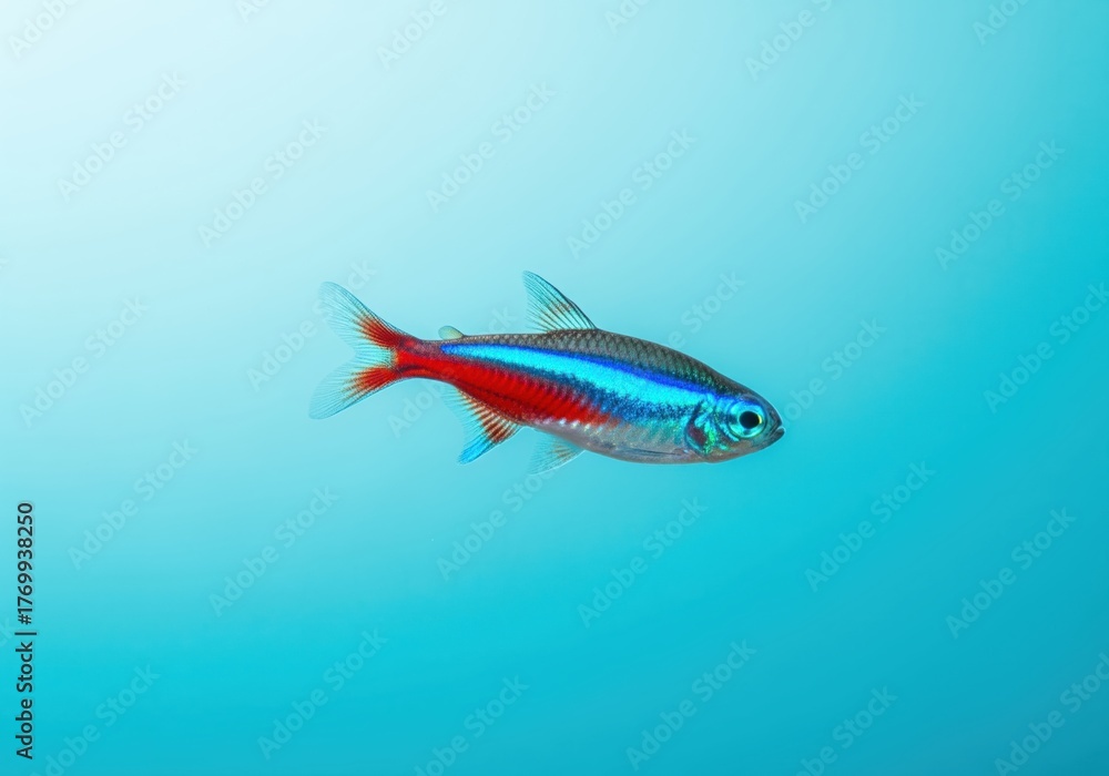 Fototapeta premium Vibrant neon tetra fish isolated against a bright blue gradient background