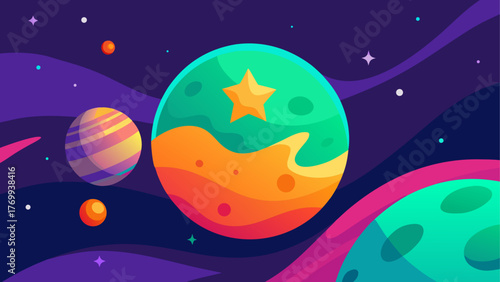 Vibrant cartoon planets and stars in a stylized cosmic landscape