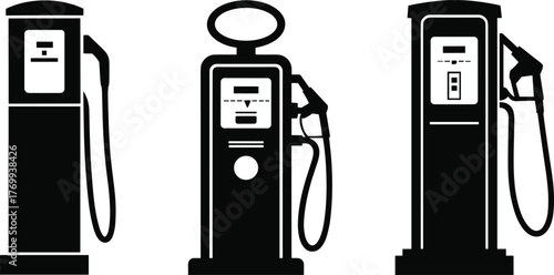 Vintage and modern gas pump vector icons set showing different fuel dispenser designs, retro petrol station illustration for automotive industry graphics