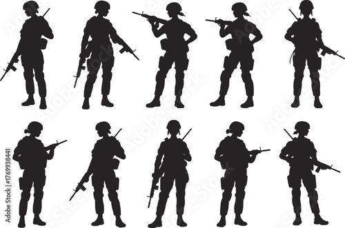 Silhouette vector illustration of female soldiers with rifles, military women standing in uniform, combat defense and army training concept design