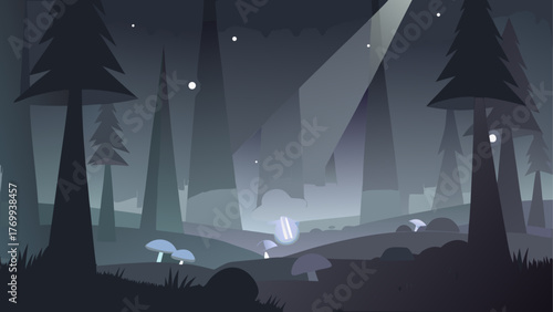 Mystical forest at night with glowing mushrooms and tall trees