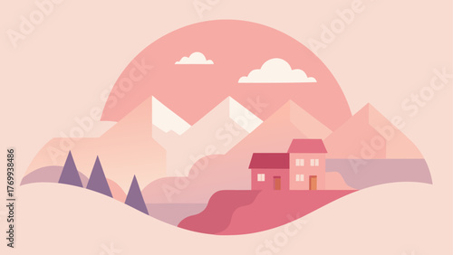 Minimalist mountain landscape with houses and clouds in pastel tones
