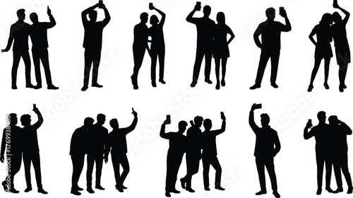 Silhouette vector illustration of people and couples taking selfies with smartphones, perfect for social media, lifestyle, and communication concepts