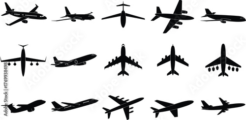 Airplane silhouette vector illustration showing various jet aircraft from top and side views, perfect for aviation design and travel concepts