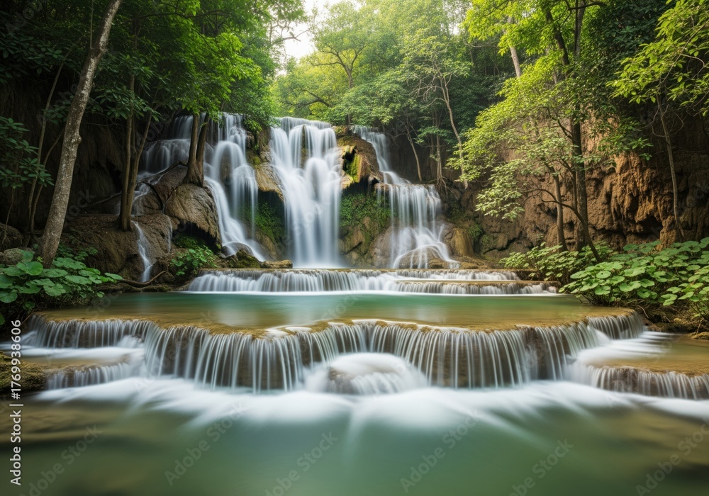 Obraz premium Serene tiered waterfall cascading through lush green tropical forest with long exposure water flow.