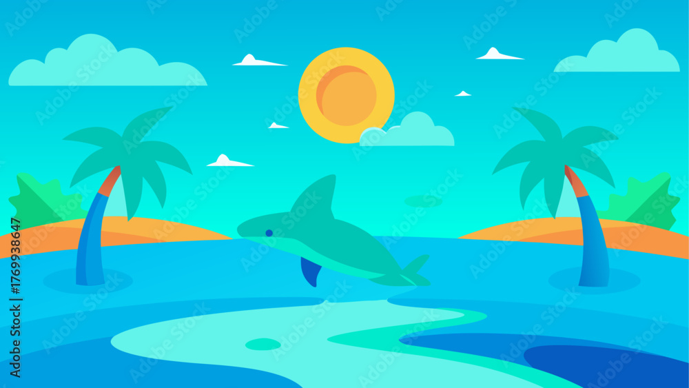 Obraz premium Vibrant tropical scene with jumping dolphin and palm trees under a sunny sky