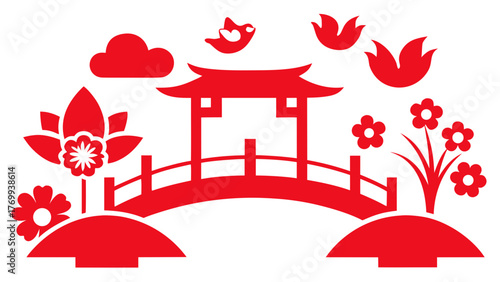 Red silhouette of a traditional asian garden scene with bridge and pagoda