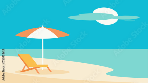 Relaxing beach scene with umbrella and chair under a sunny sky