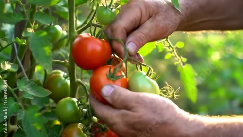 A farmer picks ripe tomatoes from a vine hands gently holding the fruit