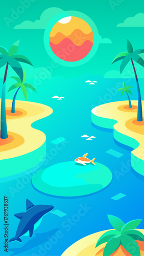 Vibrant tropical island scene with dolphins and sun