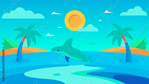 Vibrant tropical scene with jumping dolphin and palm trees under a sunny sky