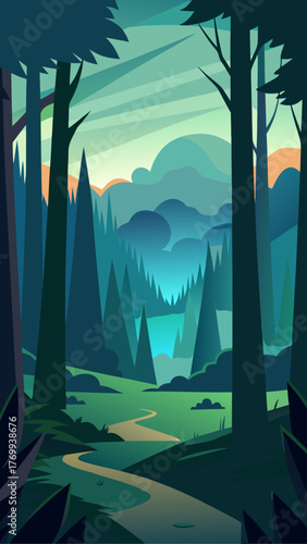 Serene forest landscape with winding path and distant lake