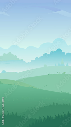 Serene green rolling hills and soft blue sky with fluffy clouds