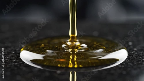 Golden Liquid Pouring onto Dark Surface: Viscous Fluid Dynamics in Motion