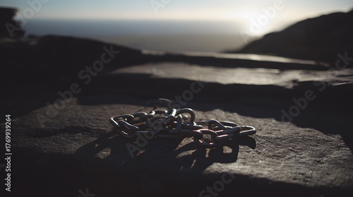 shackles. Broken metal chains on stone steps under dramatic lighting. wellbeing guides, coaching materials, designed for coaching and self-improvement content, supports wellbeing.