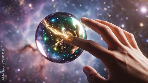 Hand Touching a Universe Sphere with Cosmic Energy and Starry Background