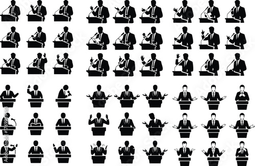 Man Speaking at Podium Icon Set Public Speaker Presentation Silhouette Collection
