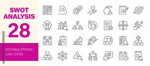 SWOT analysis icon set. Containing strengths, weaknesses, opportunities, threats and more. Editable line icons. Vector illustration.