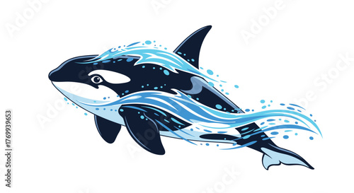 Dynamic illustration of an orca, or killer whale, powerfully swimming through stylized blue waves and splashes, capturing the essence of marine life.