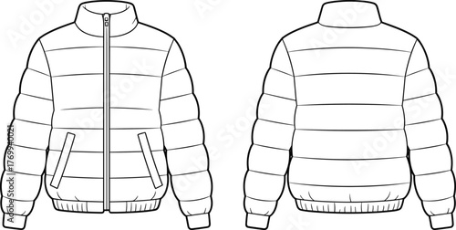 Puffer jacket technical flat sketch, front and back view fashion template, quilted winter coat design, apparel illustration, garment drawing, clothing pattern, outerwear vector