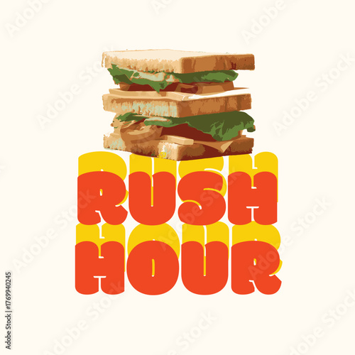A fun vintage t-shirt featuring a cartoon-style sandwich and the phrase Rush Hour