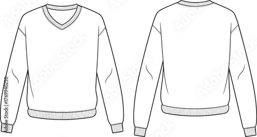 Technical fashion illustration, V neck sweater front and back, apparel flat sketch, garment design template, clothing vector drawing, knitwear outline, ribbed cuffs hem, unisex pullover
