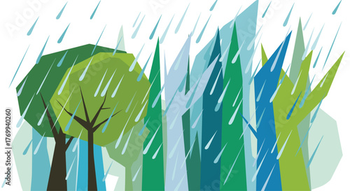 Stylized illustration of trees and plants in a vibrant forest, with gentle rain falling over the lush greenery, depicting a refreshing natural scene.