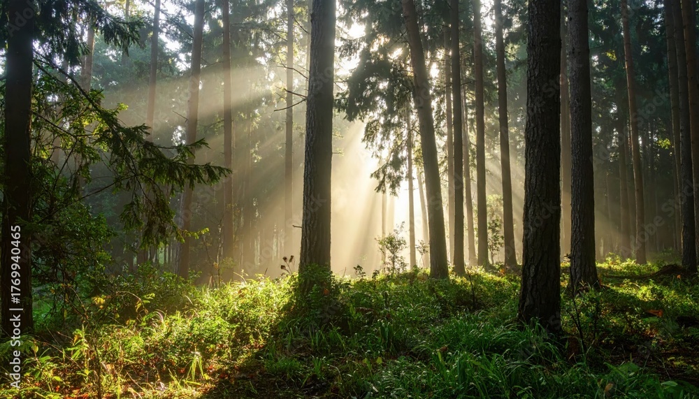 Obraz premium Morning sun filtering through dense forest trees