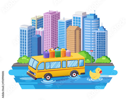 Cityscape: A vibrant cartoon illustration portrays a dynamic cityscape with skyscrapers and diverse vehicles, including a bus. A yellow rubber duck floats gently on the water.

