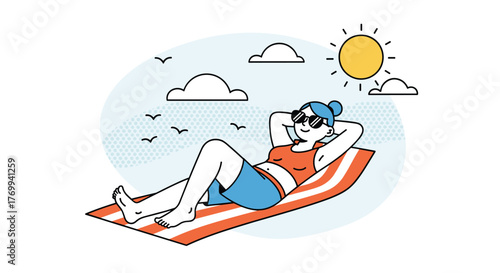 A relaxed woman enjoys sunbathing on a striped beach towel under a sunny sky with clouds and birds, embracing summer leisure.