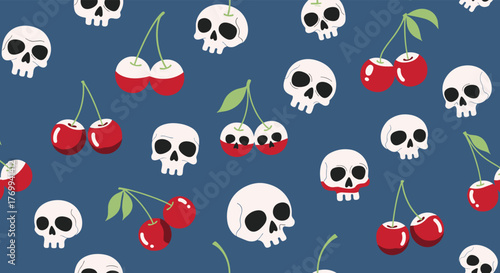 A whimsical seamless pattern featuring white cartoon skulls and various red cherries on a dark blue background.