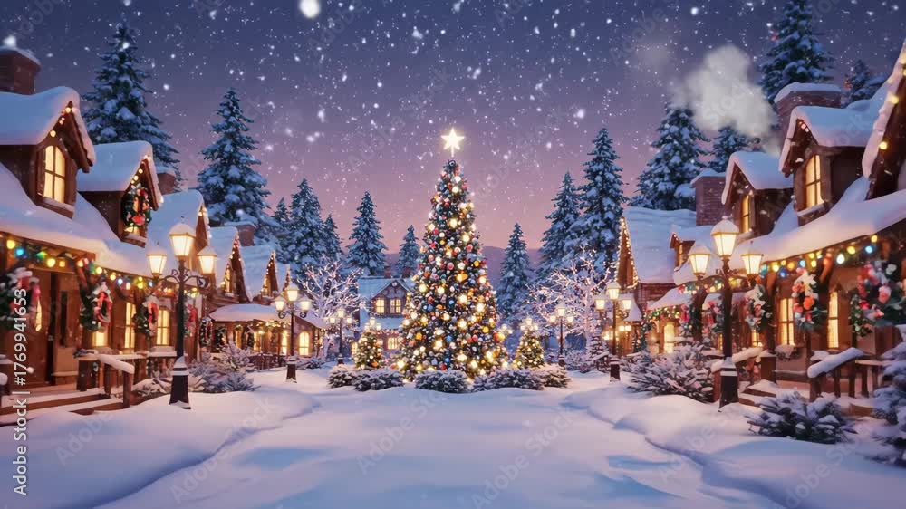 Vidéo Stock Snowy Christmas Village Scene - A Christmas tree sparkles ...