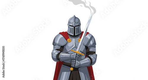 A stoic pixel art knight in shining armor with a red cape, holding a sword with wisps of smoke emanating from its tip, against a white background.