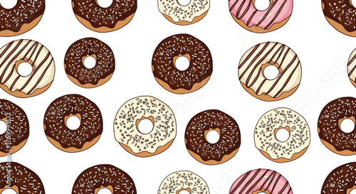 Delicious assortment of various iced donuts with sprinkles and stripes forming a sweet seamless pattern.
