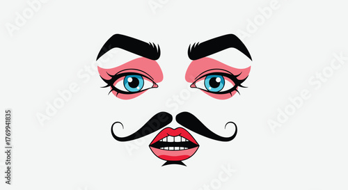 Stylized illustration of a theatrical face with dramatic makeup, vibrant blue eyes, thick eyebrows, a curling mustache, and red lips.