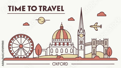 Oxford skyline vector art features a cityscape with a ferris wheel and a plane. Suitable for travel brochures, postcards, city guides.