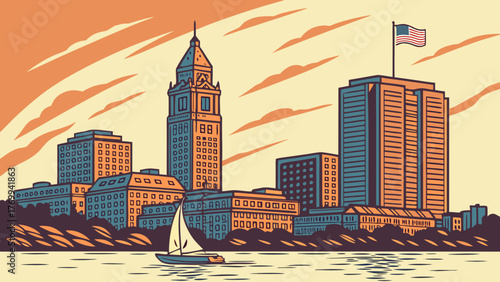 Boston skyline vector cityscape with custom house tower and sailboat, ideal for travel brochures, postcards, citythemed designs, and website banners.