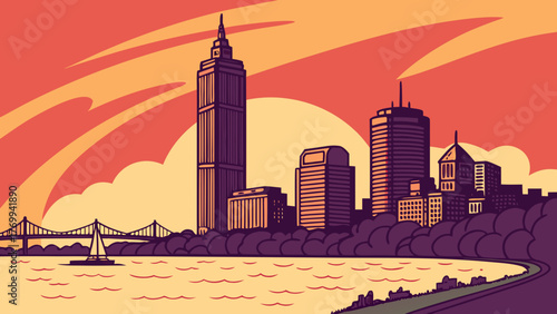 Boston skyline vector illustration with iconic waterfront city skyline is perfect for travel brochures, posters, websites, and social media.