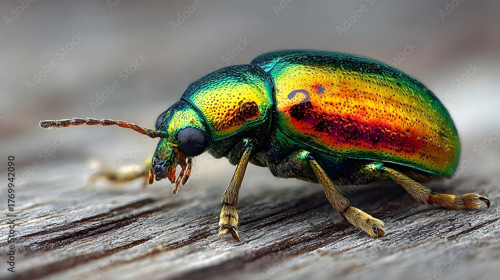 Fototapeta premium Iridescent insect exhibits vibrant metallic coloration resting upon weathered wood surface